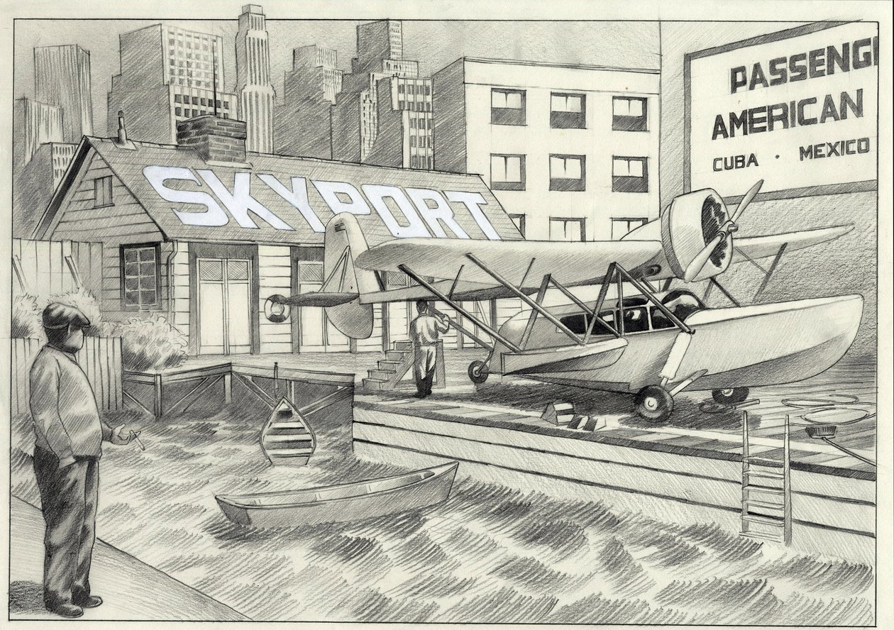 EE UU, Nueva York: vista del aeropuerto marítimo con un hidroavión esperando la decolación en los años 50. Dibujo de Alessandro Lonati de Alessandro Lonati