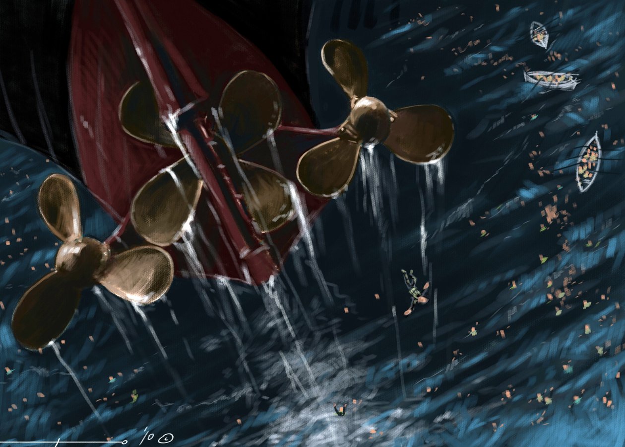 Vista de las hélices del transatlántico Titanic en el momento del hundimiento, los días 14 y 15 de abril de 1912. Ilustración de Alesandro Lonati. 2010 de Alessandro Lonati