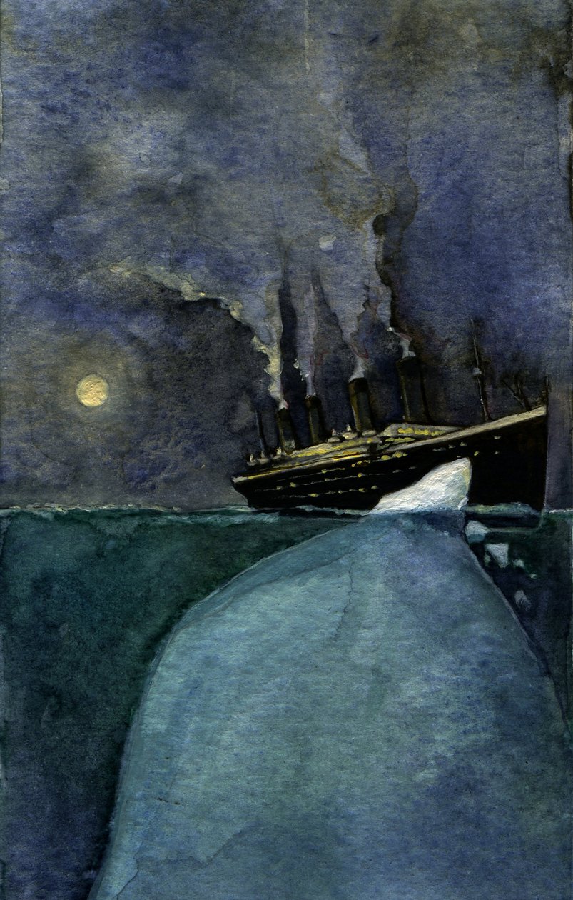 Vista del transatlántico Titanic en el momento del hundimiento los días 14 y 15 de abril de 1912, causado por la colisión con un iceberg. Ilustración de Alessandro Lonati. 2011 de Alessandro Lonati