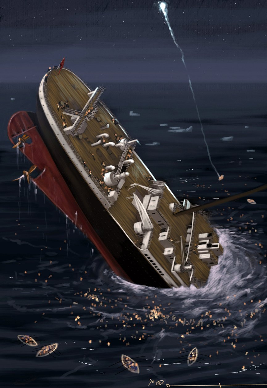 Vista del transatlántico Titanic en el momento del hundimiento, los días 14 y 15 de abril de 1912. Ilustración de Alesandro Lonati. 2010 de Alessandro Lonati