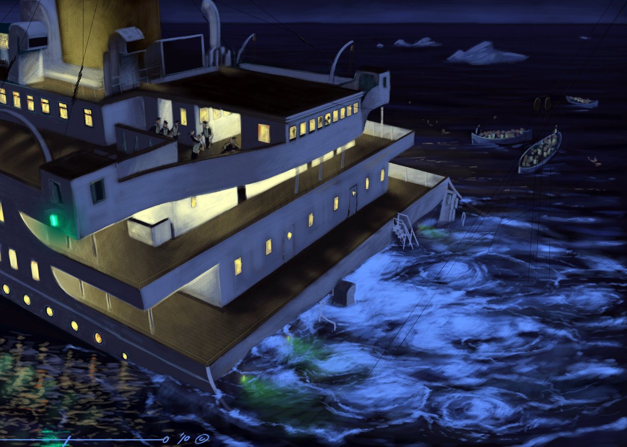 Vista del transatlántico Titanic en el momento del hundimiento, los días 14 y 15 de abril de 1912. Ilustración de Alesandro Lonati. 2010 de Alessandro Lonati
