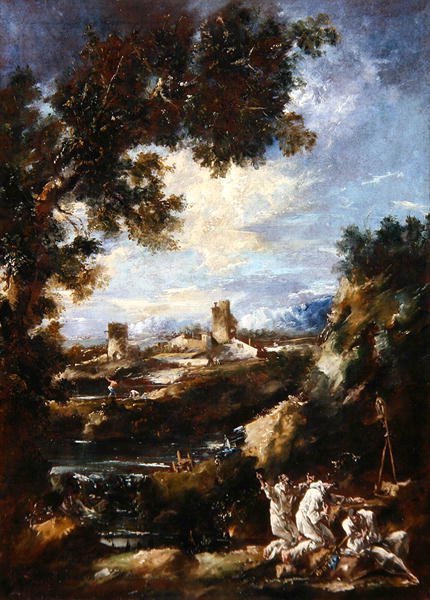 Paisaje con Frailes Carmelitas Rezando en un Santuario al Borde del Camino, c.1720 de Alessandro Magnasco