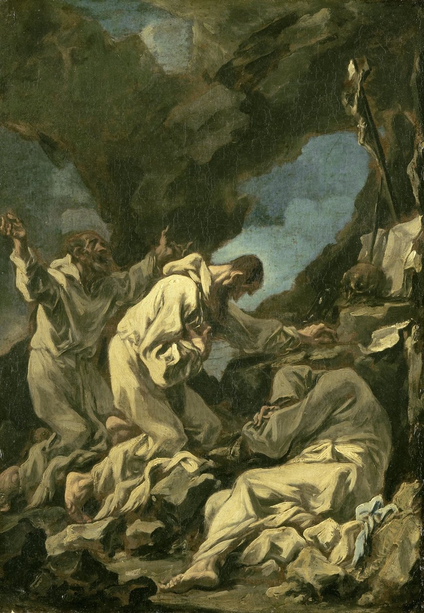 Tres monjes camaldulenses en oración extática de Alessandro Magnasco