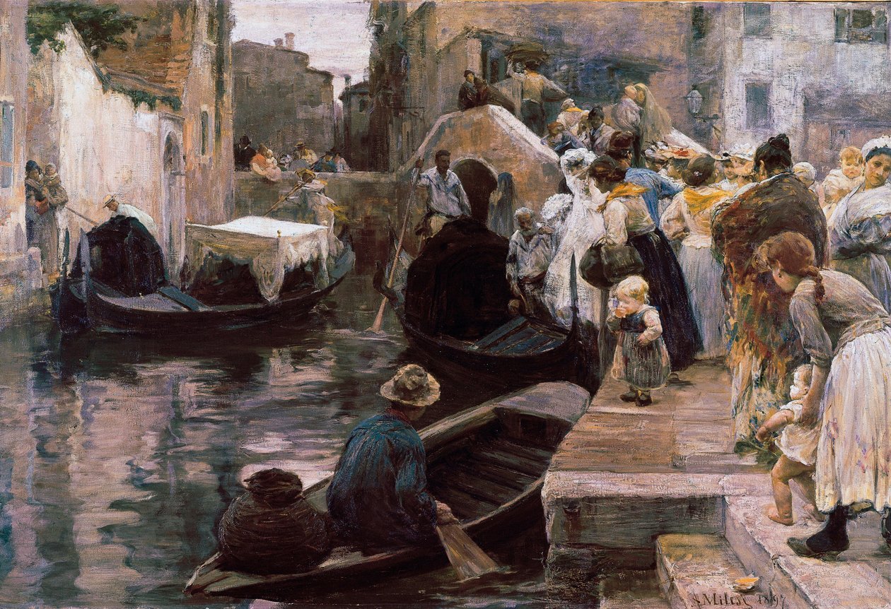 ""Boda en Venecia"" Los recién casados ​​viajan en góndola. Pintura de Alessandro Milesi (1856-1945) 1897 Roma. Galería Nazionale d