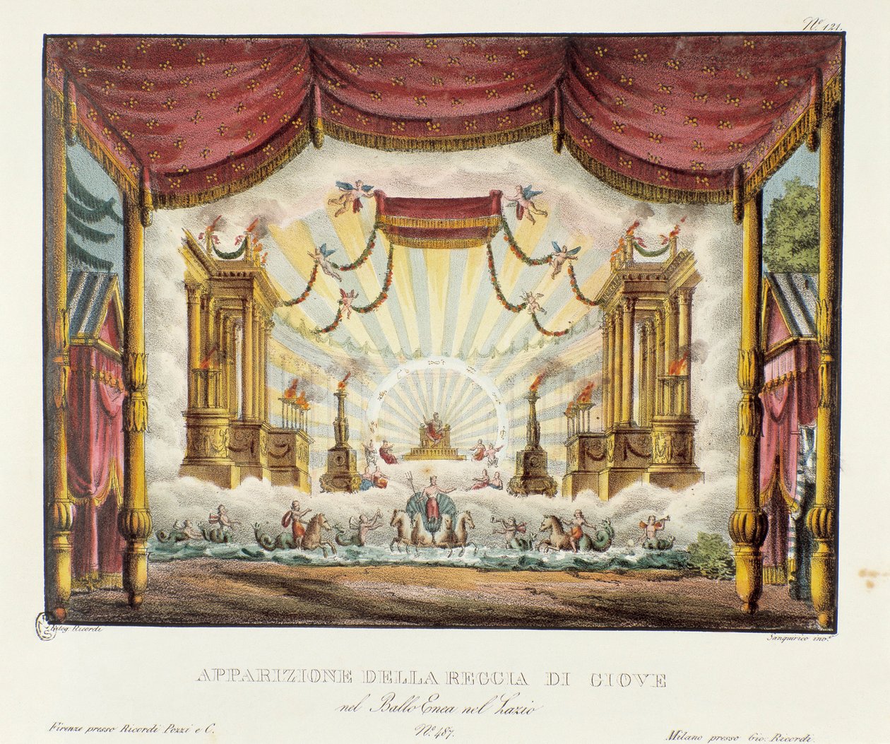 Aparición del reino de Júpiter. Escenografía para la representación del drama operístico “Enea nel Lazio” (1799) de Giuseppe Sarti. Litografía en “Raccolta di invenzioni sceniche del 1830 de Alessandro Sanquirico (1777-1849)”. Colección privada milanesa de Alessandro Sanquirico
