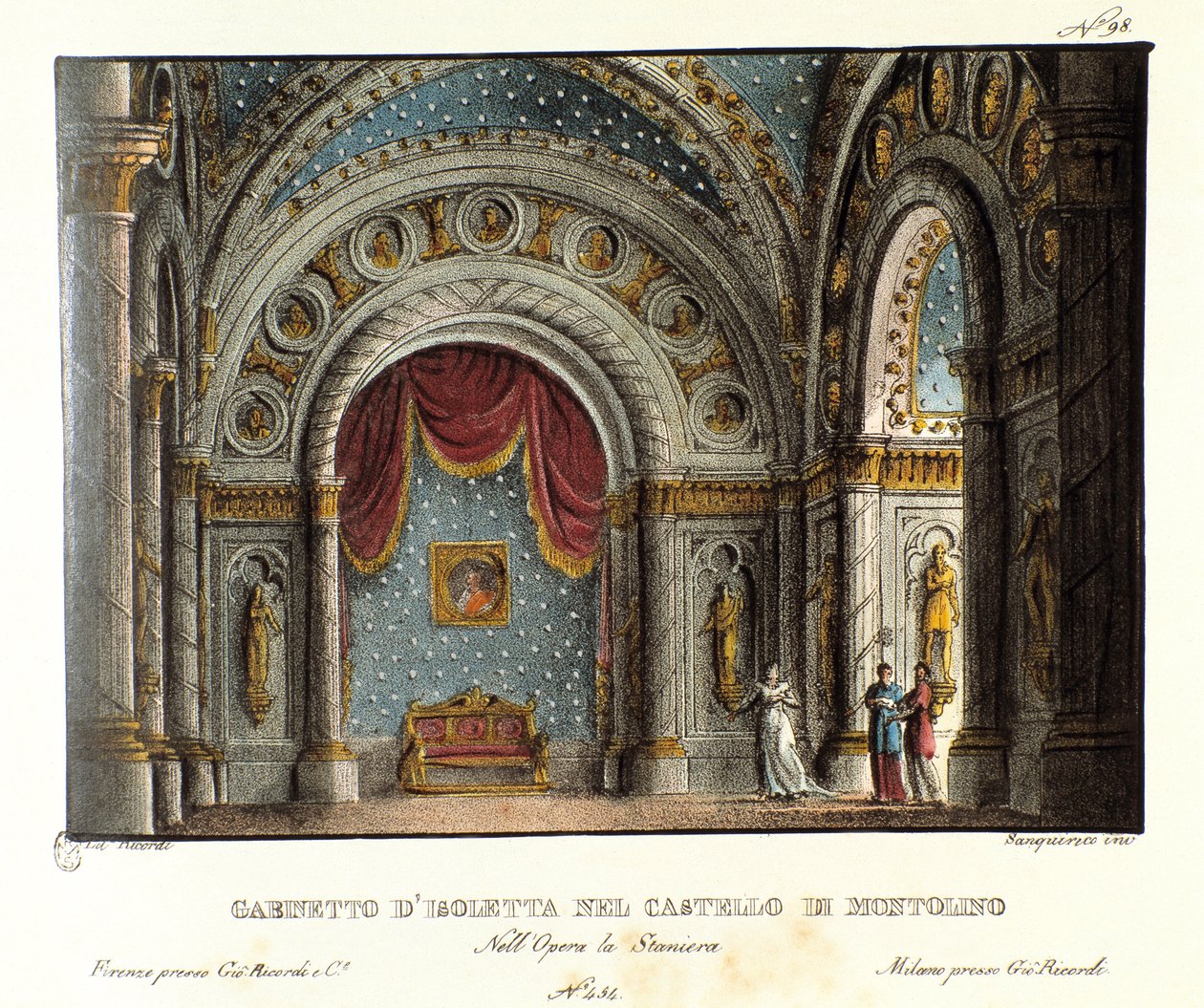 El gabinete de Isoletta en el castillo de Montolino en Bretaña. Escenografía para la representación en el Teatro alla Scala en 1829 de la ópera "La straniera" (1828) de Vincenzo Bellini. Litografía en "Raccolta di invenzioni sceniche del 1830" de Alessandr de Alessandro Sanquirico