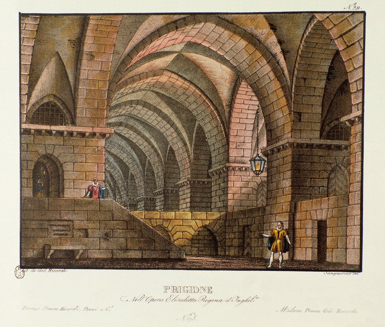 Norfolk visita al prisionero Leicester en la prisión de escenografía para la representación de 1828 de la ópera “Elisabetta, Regina d