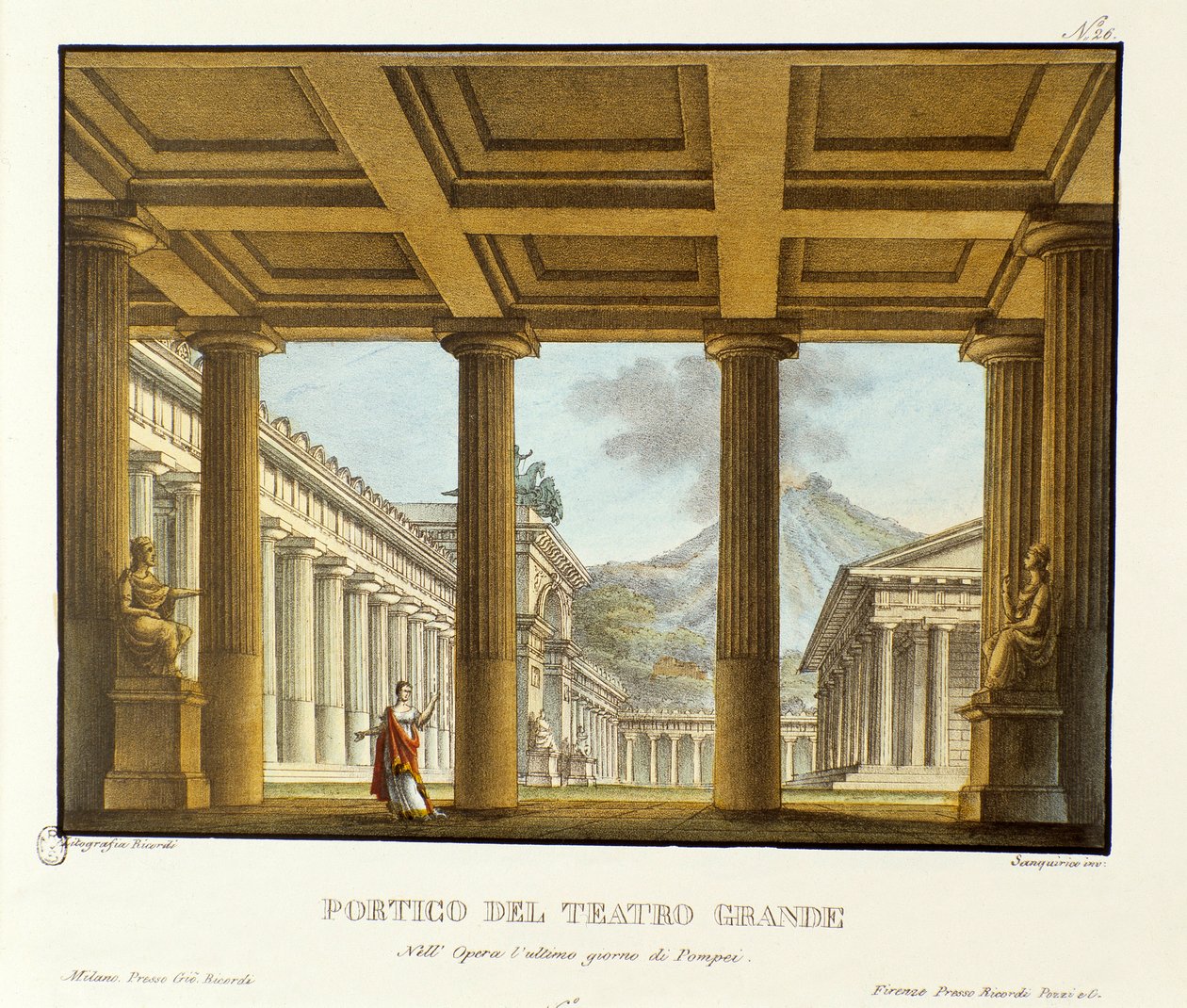 Pórtico del Gran Teatro en Pompeya, al fondo el Vesubio Escenografía para la representación de la ópera “L