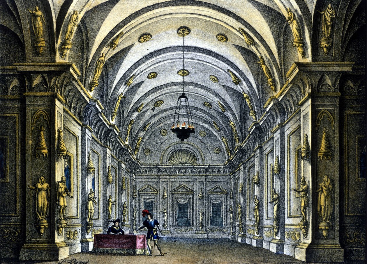 Escenografía de Sanquirico para la ópera “Anna Bolena” de Gaetano Donizetti (1797-1848) representada en el Teatro Carcano en Milán de Alessandro Sanquirico