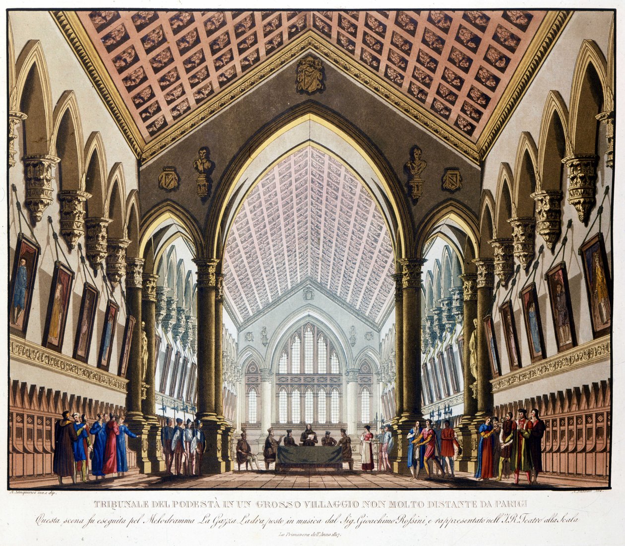 Escenografía de Sanquirico para la ópera “La gazza ladra” de Gioacchino Rossini representada en el Teatro alla Scala de Milán en 1817: el Tribunal del Podestà cerca de París de Alessandro Sanquirico