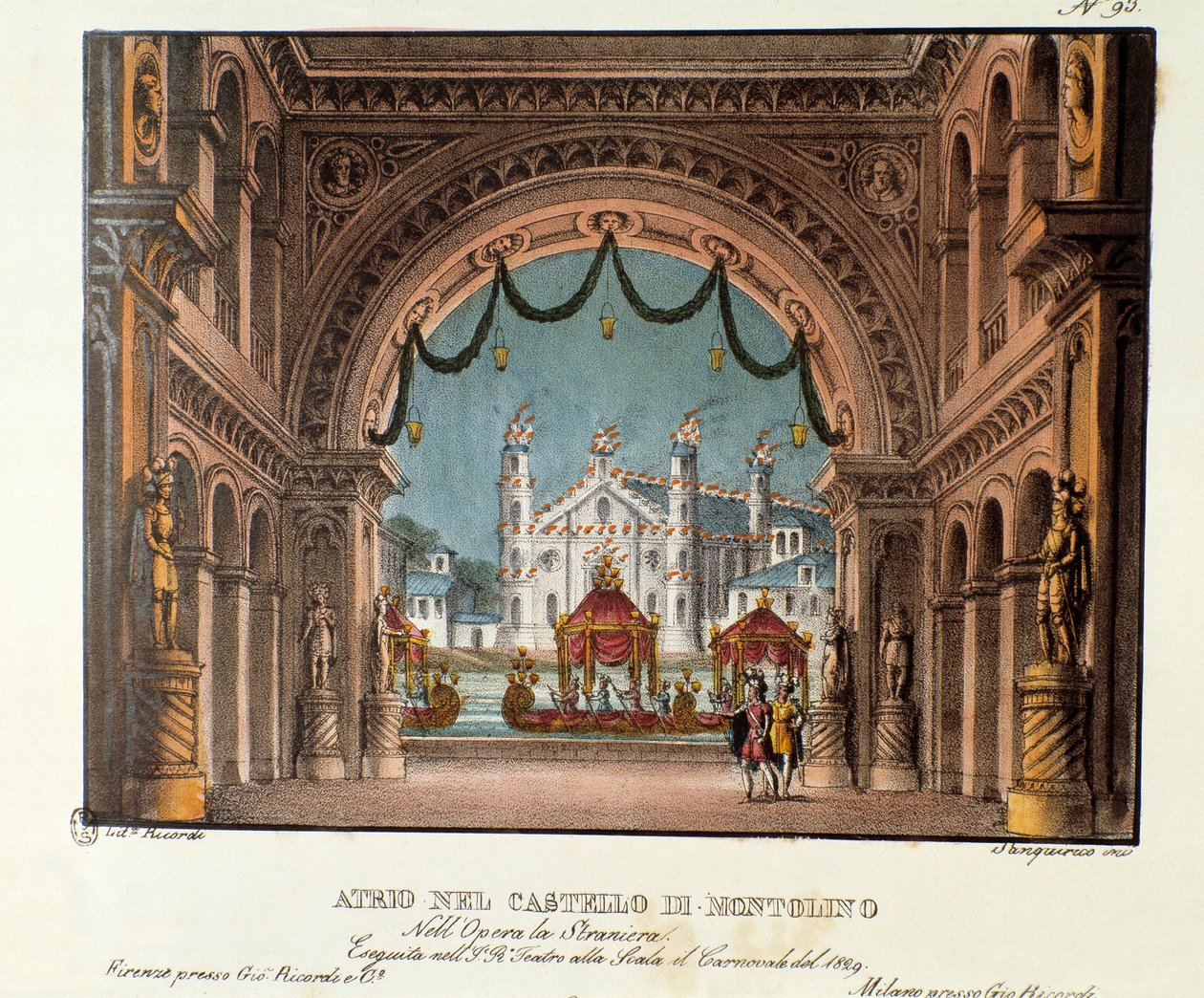 El vestíbulo del castillo de Montolino en Bretaña. Escenografía para la representación en el Teatro alla Scala en 1829 de la ópera "La straniera" (1828) de Vincenzo Bellini. Litografía en "Raccolta di invenzioni sceniche del 1830" de Alessandro Sanquirico de Alessandro Sanquirico