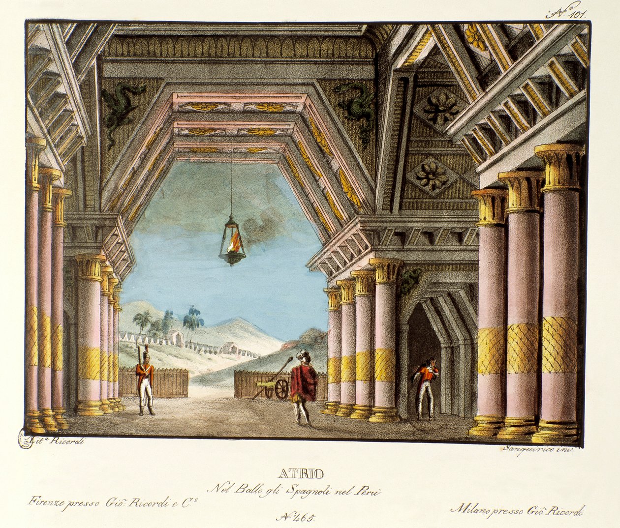 Vista de una gran sala de palacio. Escenografía para el ballet “Los españoles en Perú” del coreógrafo italiano Giovanni Galzerani (1780-1865) (1828). Litografía en “Raccolta di invenzioni sceniche del 1830 di Alessandro Sanquirico (1777-1849)”. Milán de Alessandro Sanquirico