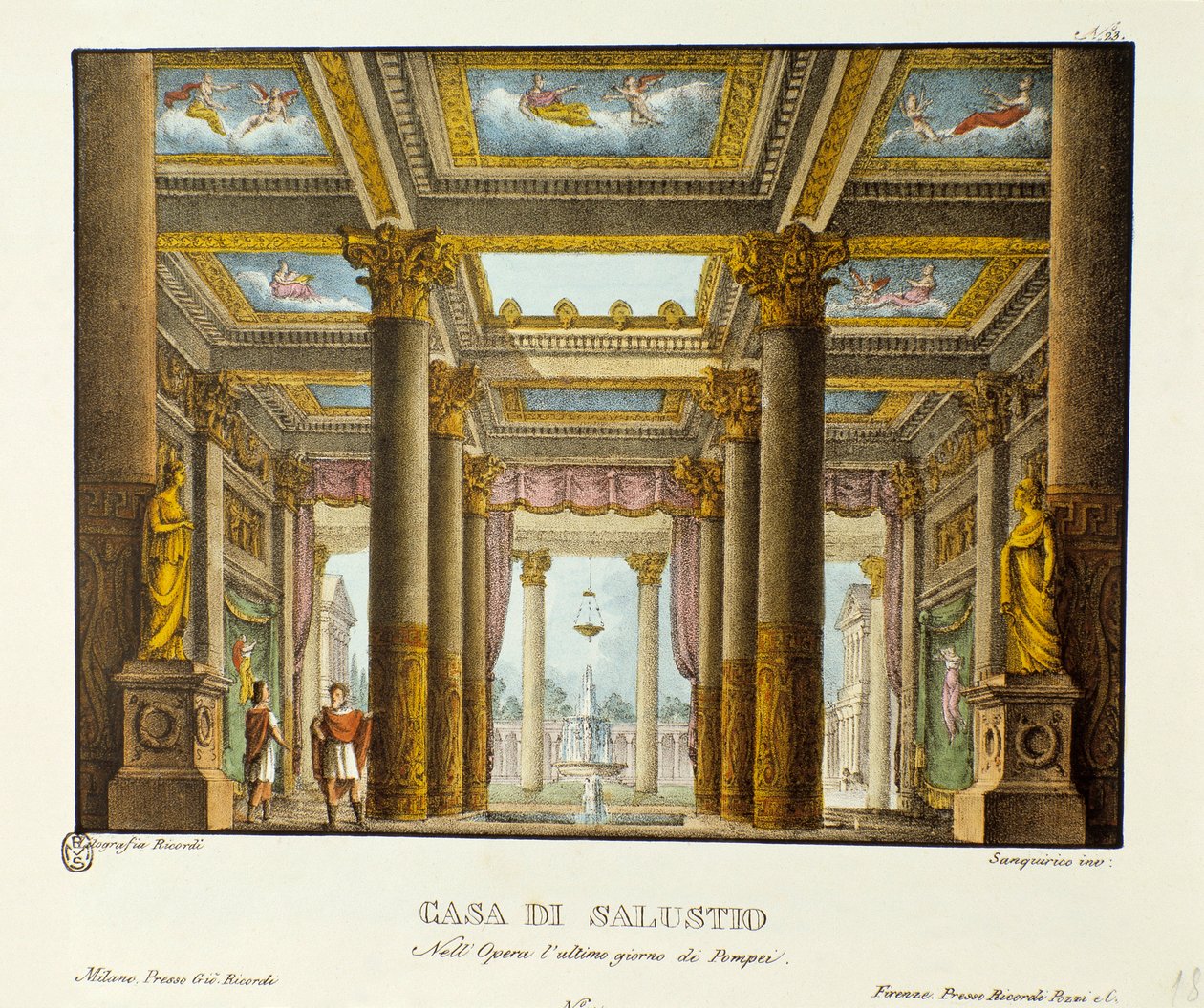 Vista de la Casa de Salustio (Saluste) Escenografía para la representación de “El Último Día de Pompeya” de Giovanni Pacini. Litografía en “Raccolta di invenzioni sceniche del 1830 di Alessandro Sanquirico (1777-1849)”. Milán de Alessandro Sanquirico