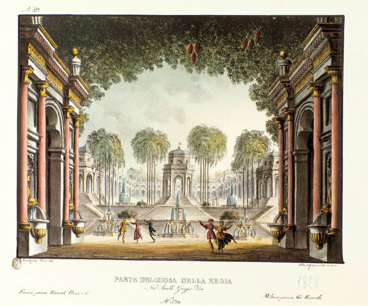 Vista de la Corte Real del Palacio de Genghis Khan Escenografía para el ballet “Genis-Kan” del coreógrafo italiano Giovanni Galzerani (1828) de Alessandro Sanquirico