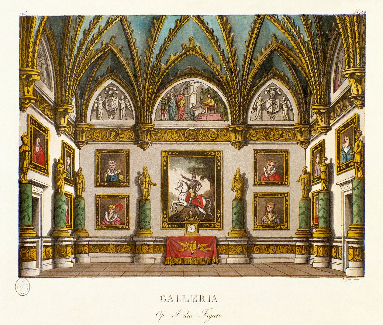 Vista de la galería decorada con pinturas. Escenografía para la ópera "I due figaro" de Giuseppe Saverio Raffaele Mercadante (1795-1870), basada en la obra "Los dos fígaros o el Sujeto de comedia" (1794) de Honoré François Richaud de Alessandro Sanquirico