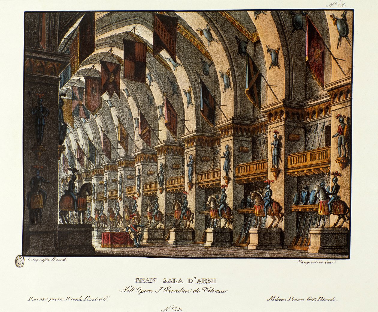Vista de la gran sala de armas Escenografía para la representación de la ópera “I cavalieri di Valenza” de Giovanni Pacini y Gaetano Rossi (1828) de Alessandro Sanquirico