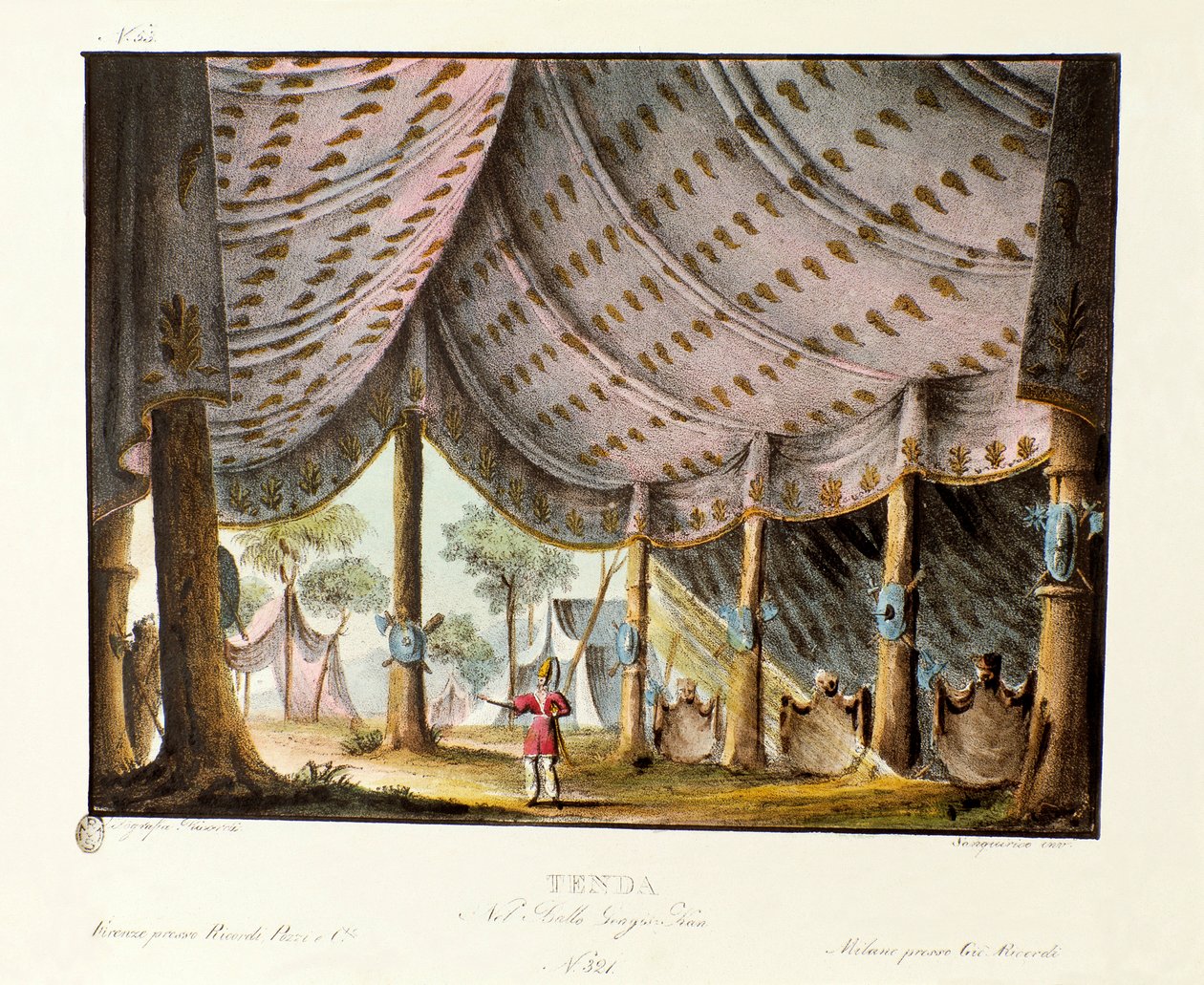 Vista de la tienda real de Genghis Khan. Escenografía para el ballet “Genis-Kan” por el coreógrafo italiano Giovanni Galzerani (1780-1865) (1828). Litografía en “Raccolta di invenzioni sceniche del 1830 de Alessandro Sanquirico (1777-1849)”. de Alessandro Sanquirico
