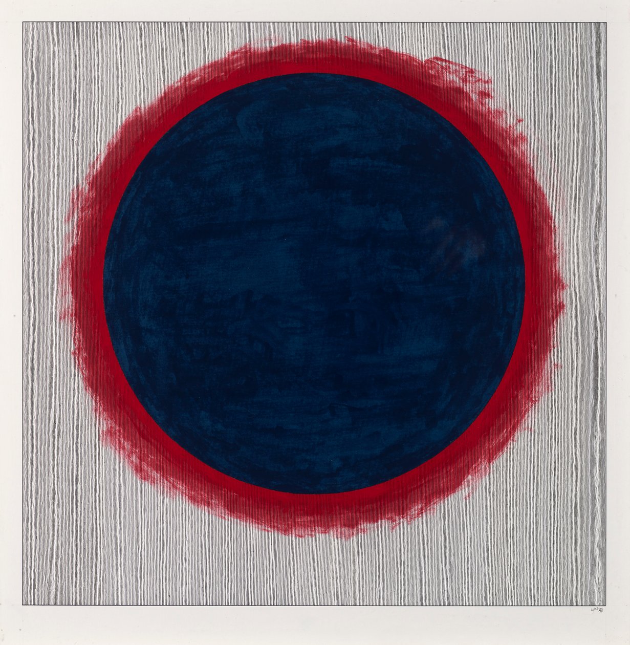 Círculo azul sobre rojo, 2022 (esmalte y bolígrafo sobre cartulina) de Alex Dunn