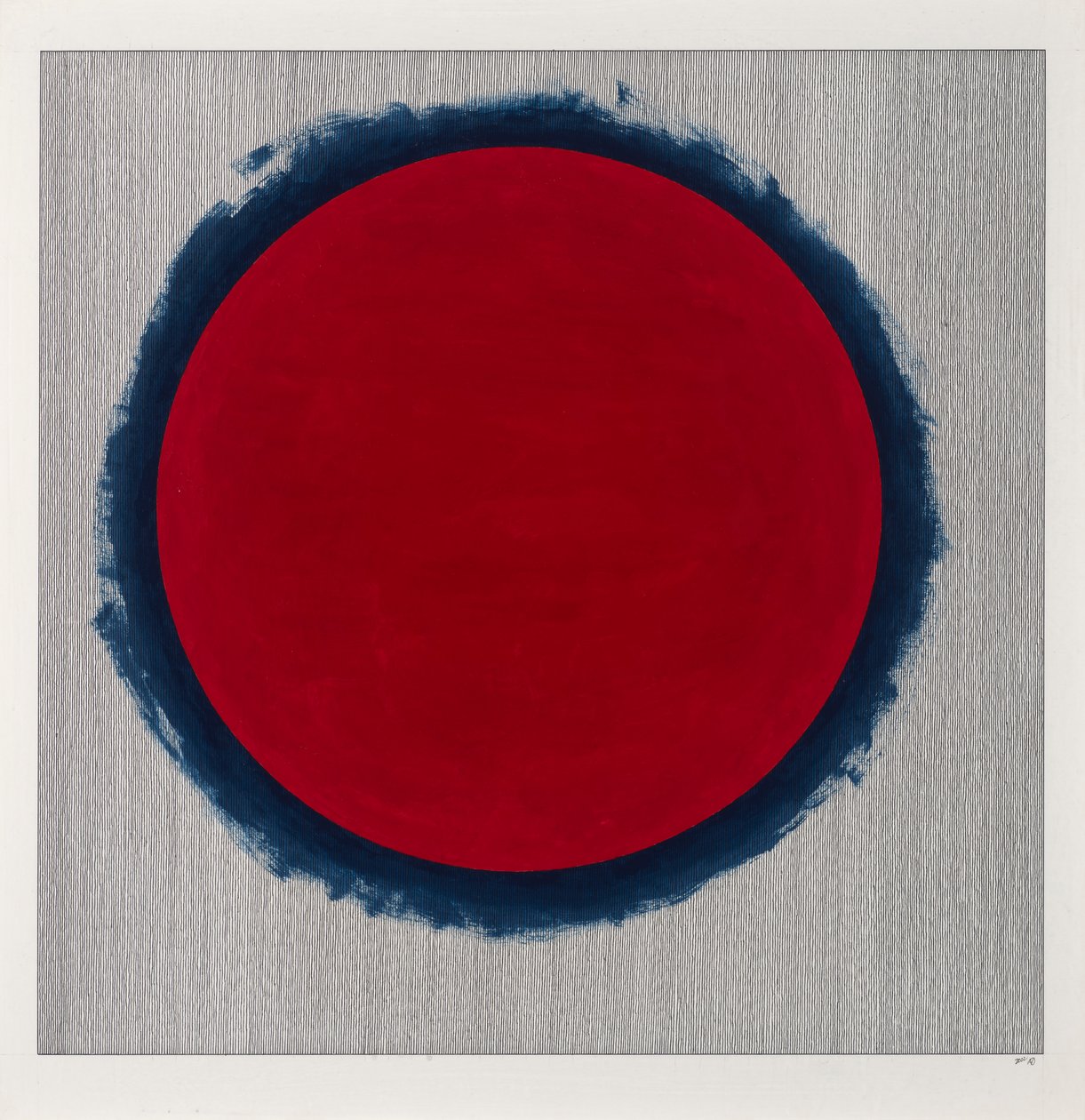 Círculo rojo sobre azul, 2022 (esmalte y bolígrafo sobre cartulina) de Alex Dunn