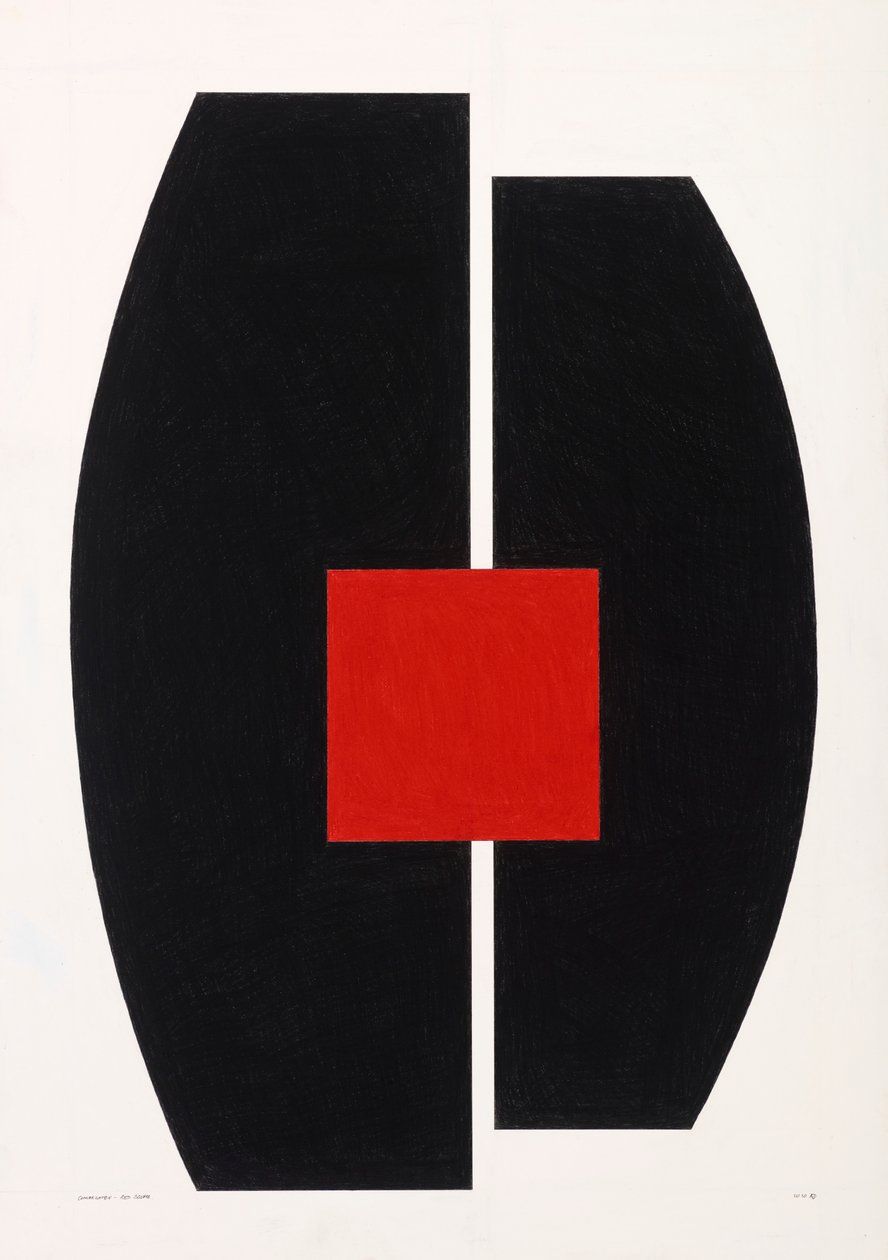 Cuadrado rojo sobre negro, 2021 (esmalte sobre cartulina) de Alex Dunn