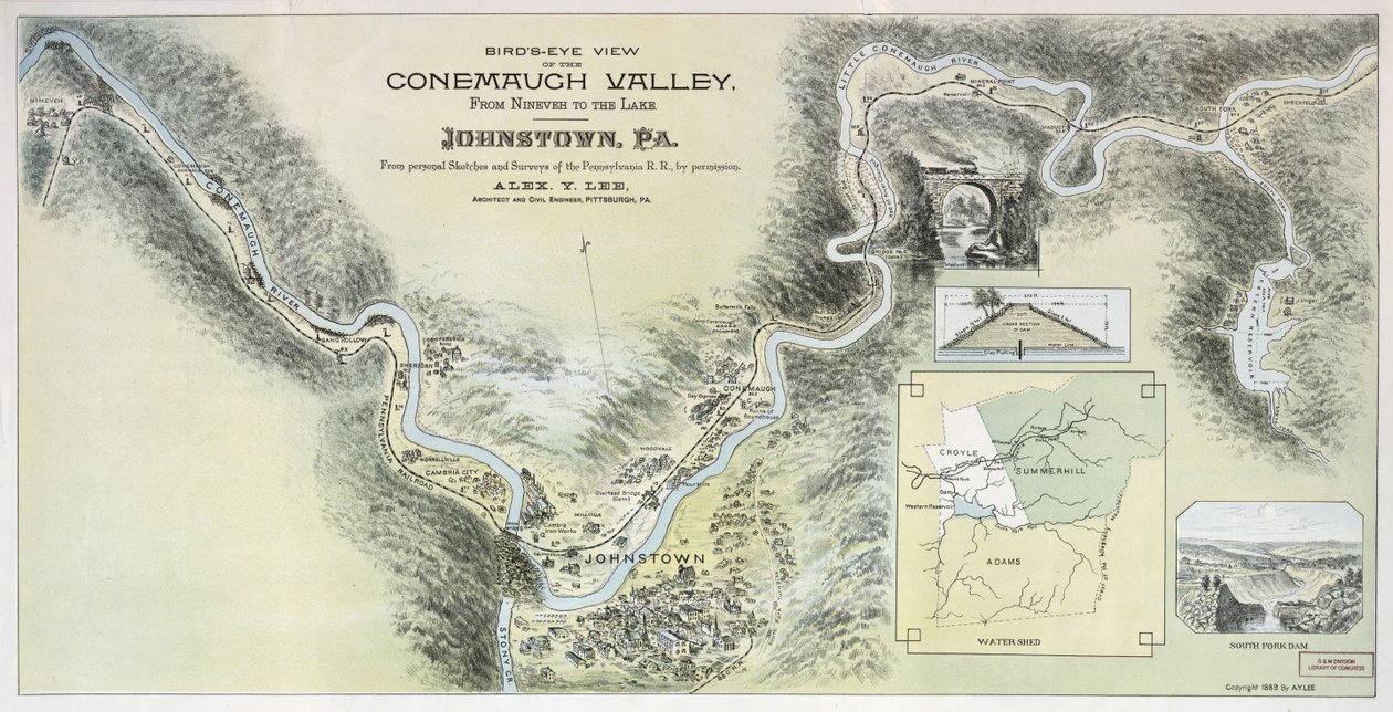 Vista de pájaro del valle de Conemaugh desde Nineveh hasta el lago, Johnstown, Pa. : a partir de bocetos personales y estudios de la Pennsylvania R.R. con permiso de Alex. Y.; Pennsylvania Railroad Lee
