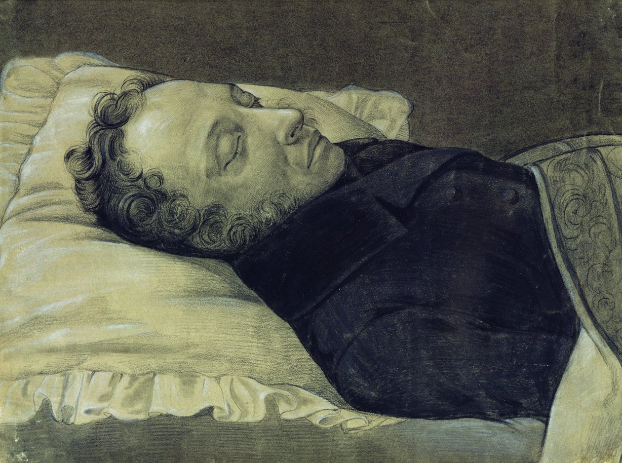Retrato de Alexander Pushkin en su lecho de muerte, 1837 de Alexander Alexeyevich Koslov