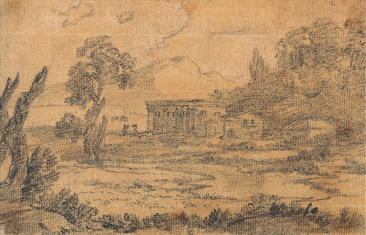 Edificios junto a un río con colinas al fondo de Alexander Cozens