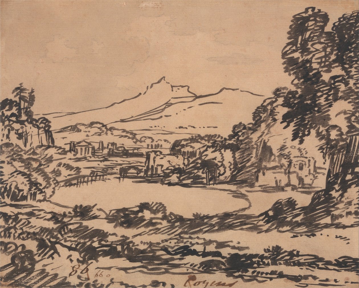 Paisaje con un lago y montaña distante de Alexander Cozens