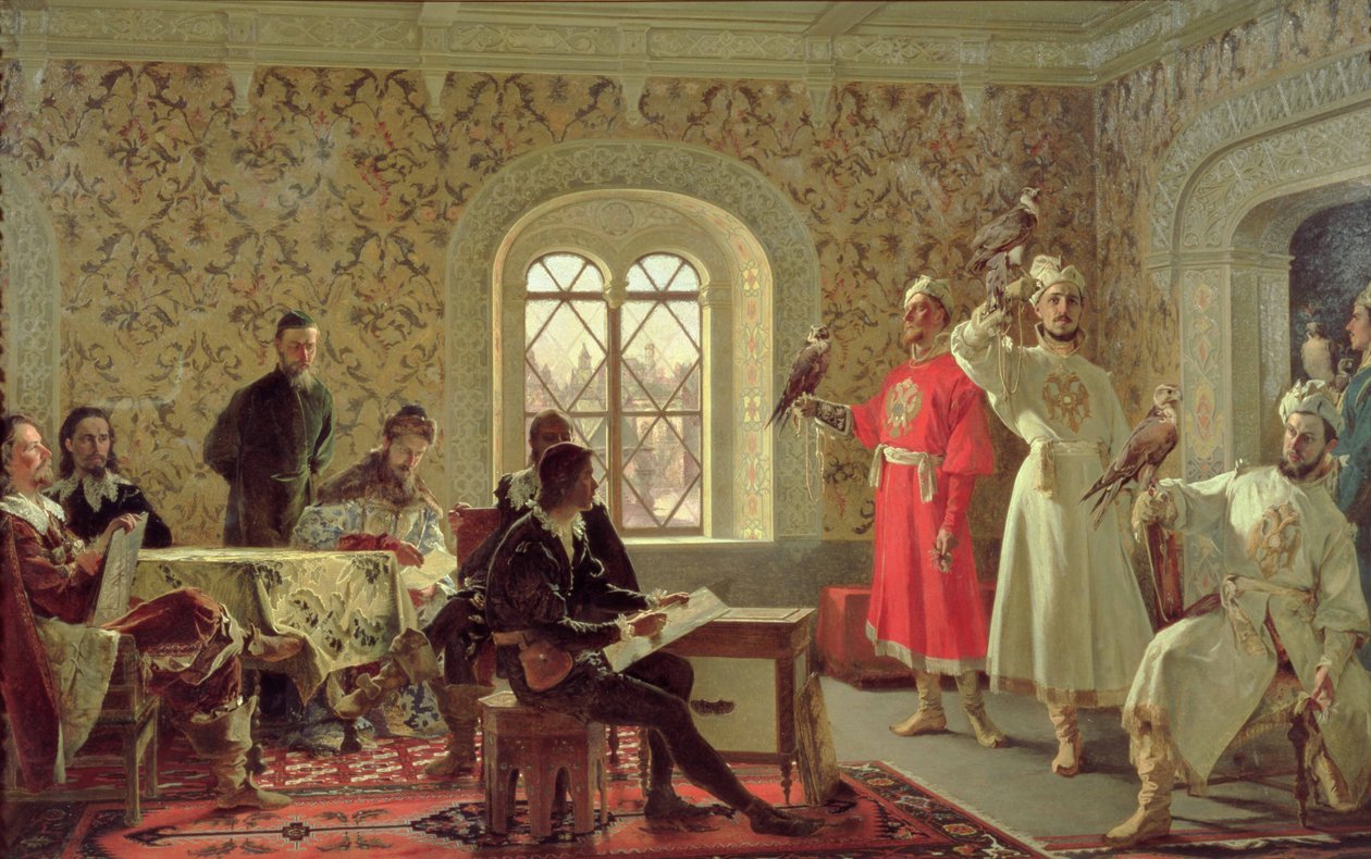 El embajador italiano Calvuci dibujando los halcones del zar Alexei Mikhailovich (1629-76) 1889 de Alexander Dimitrievitch Litovtchenko