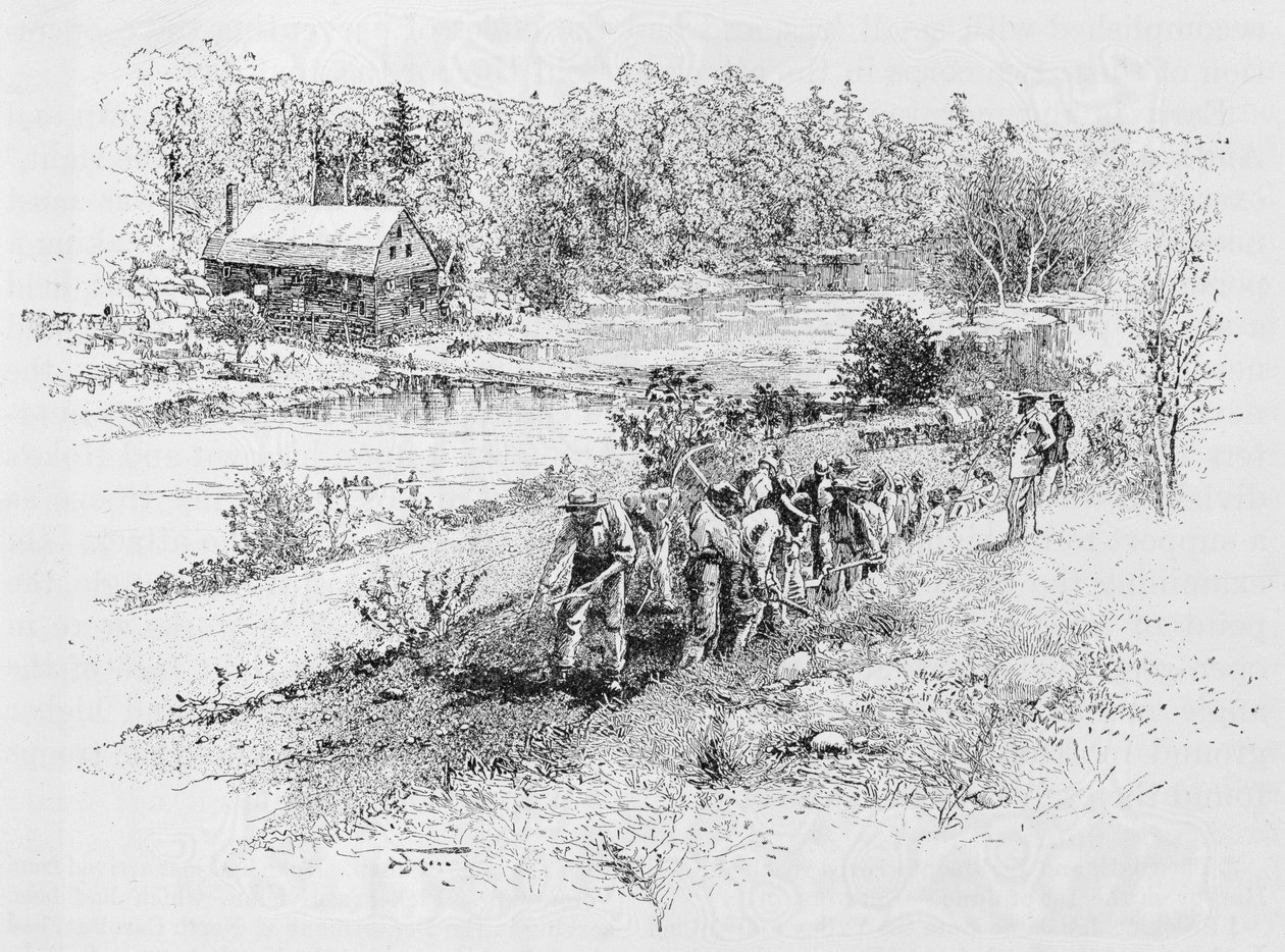 Jericho Mills: Cuerpo de ingenieros de la Unión trabajando, grabado por Harry Fenn (183845-1911) a partir de una fotografía, ilustración de 