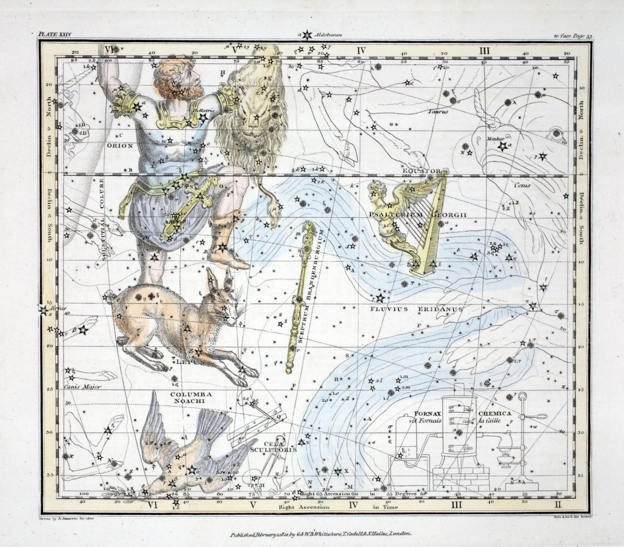 Las constelaciones (Placa XXIV) Fluvius Eridanus, Orión; Lepus, Columba Noachi, Cela Sculptoris, Psalterium Georgii, Horologium, Equuleus Pictorius, Brandenbergium Sceptrum, de 
