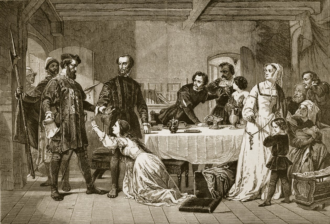 El arresto de John Brown de Ashford, un Lollard, 1517, grabado por J. y G.P. Nicholls de Alexander Johnston