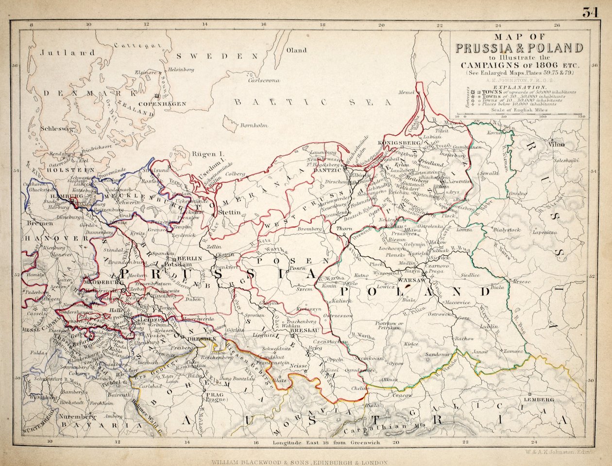 Mapa de Prusia y Polonia, publicado por William Blackwood and Sons, Edimburgo y Londres, 1848 de Alexander Keith Johnston