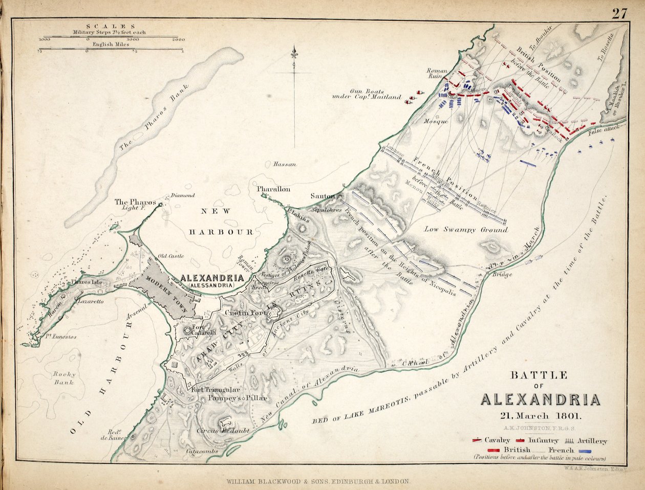 Mapa de la Batalla de Alejandría, publicado por William Blackwood and Sons, Edimburgo y Londres, 1848 de Alexander Keith Johnston