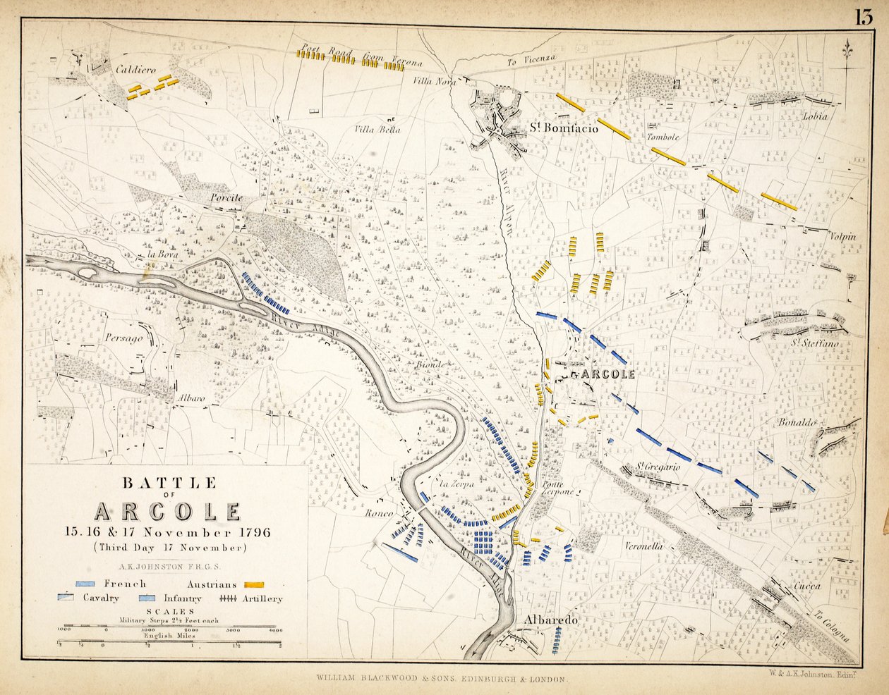 Mapa de la Batalla de Arcole, publicado por William Blackwood and Sons, Edimburgo y Londres, 1848 de Alexander Keith Johnston