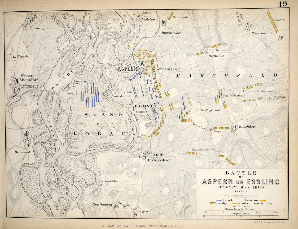 Mapa de la Batalla de Aspern o Essling, publicado por William Blackwood and Sons, Edimburgo y Londres, 1848 de Alexander Keith Johnston