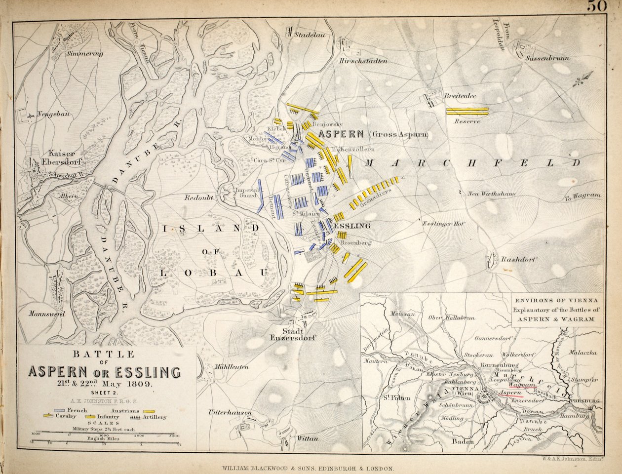 Mapa de la Batalla de Aspern o Essling, publicado por William Blackwood and Sons, Edimburgo y Londres, 1848 de Alexander Keith Johnston