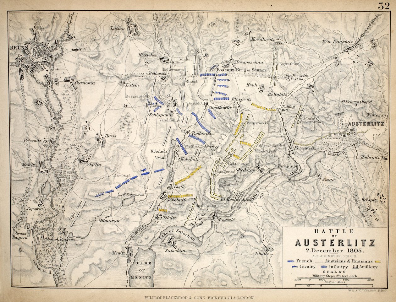 Mapa de la Batalla de Austerlitz, publicado por William Blackwood and Sons, Edimburgo y Londres, 1848 de Alexander Keith Johnston