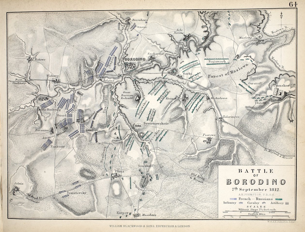 Mapa de la Batalla de Borodino, publicado por William Blackwood and Sons, Edimburgo y Londres, 1848 de Alexander Keith Johnston