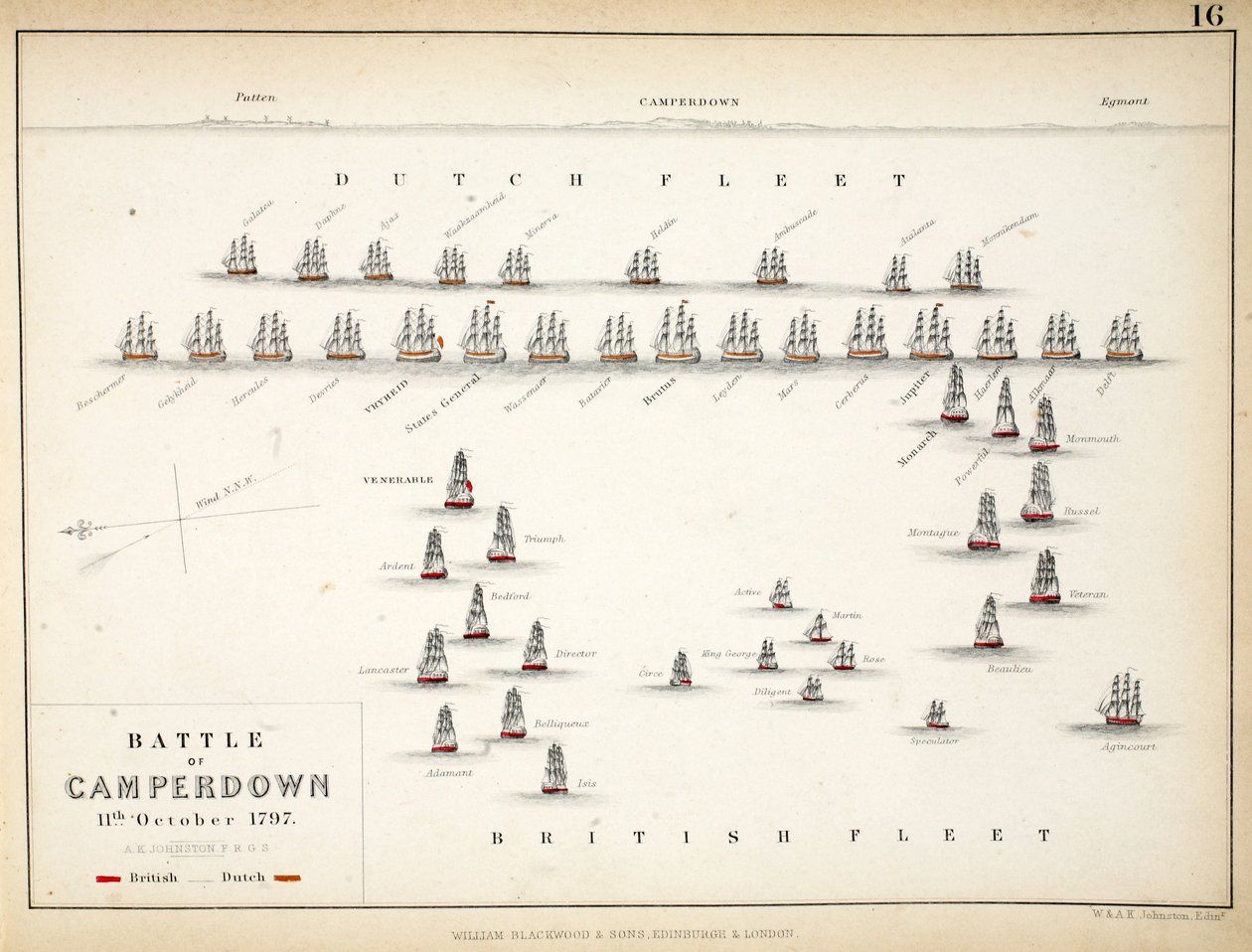 Mapa de la Batalla de Camperdown, publicado por William Blackwood and Sons, Edimburgo y Londres, 1848 de Alexander Keith Johnston