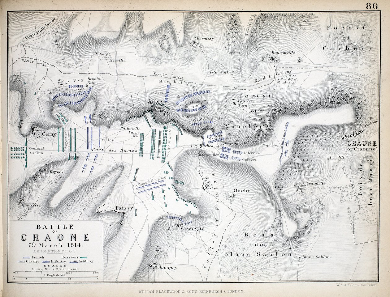 Mapa de la Batalla de Craone, publicado por William Blackwood and Sons, Edimburgo y Londres, 1848 de Alexander Keith Johnston