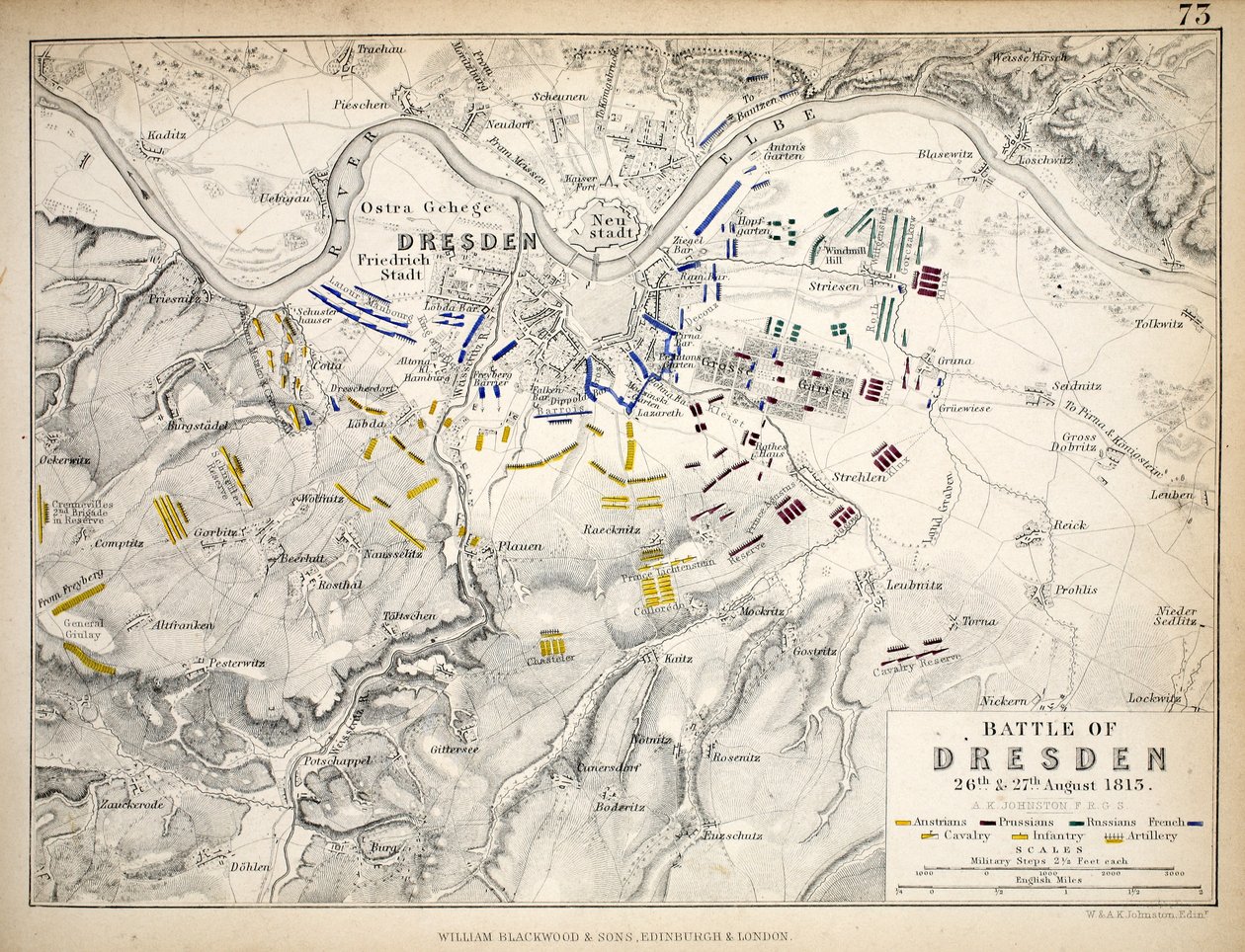 Mapa de la Batalla de Dresde, publicado por William Blackwood and Sons, Edimburgo y Londres, 1848 de Alexander Keith Johnston