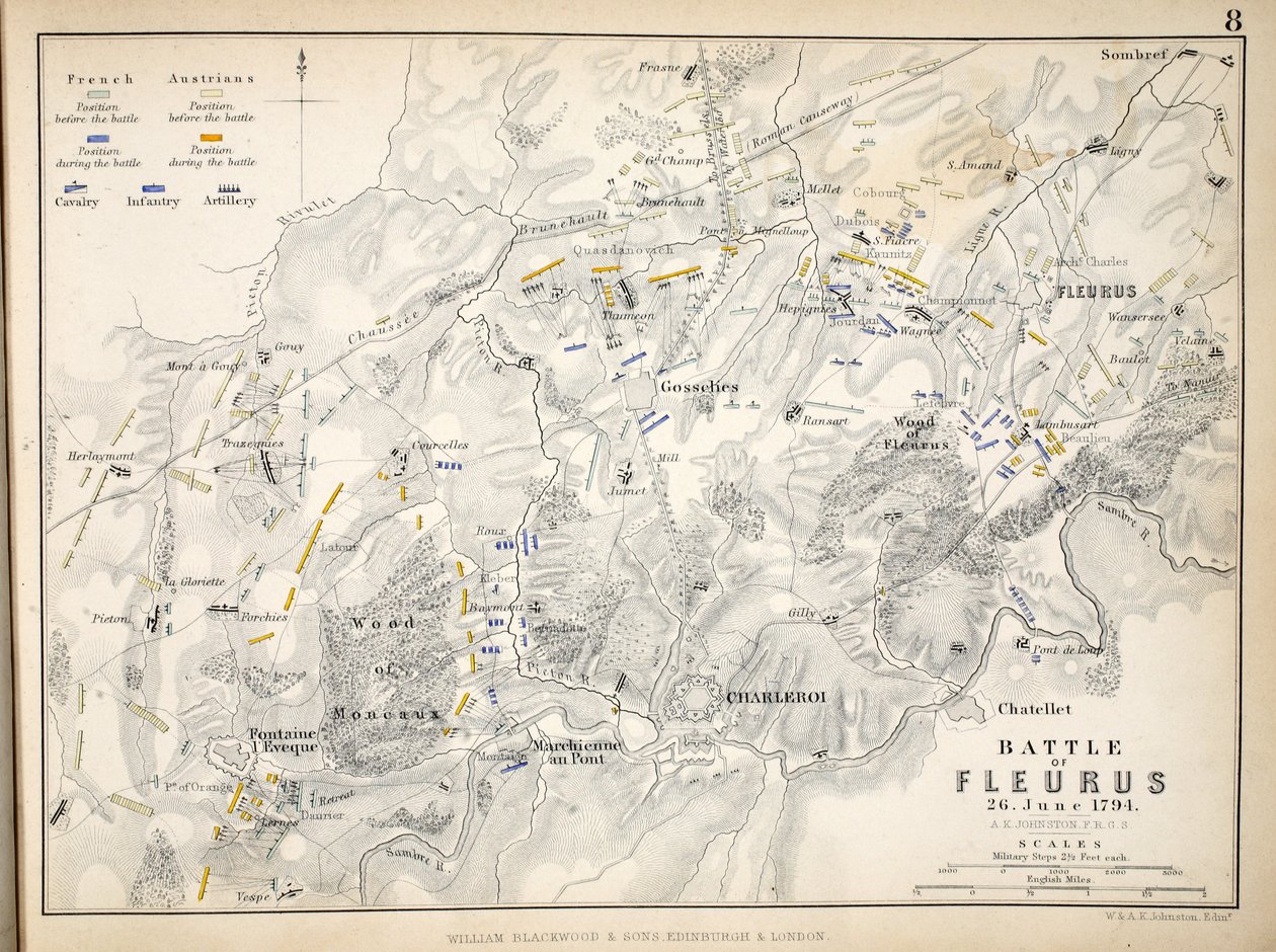 Mapa de la Batalla de Fleurus, publicado por William Blackwood and Sons, Edimburgo y Londres, 1848 de Alexander Keith Johnston