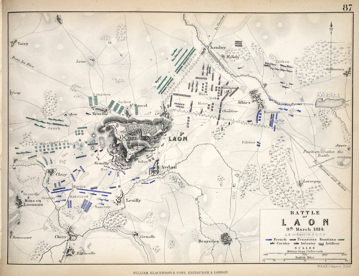 Mapa de la batalla de Laon, publicado por William Blackwood and Sons, Edimburgo y Londres, 1848 de Alexander Keith Johnston