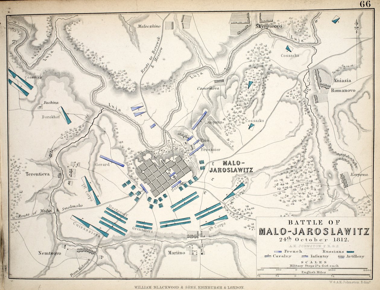 Mapa de la batalla de Malo-Jaroslawitz, publicado por William Blackwood and Sons, Edimburgo y Londres, 1848 de Alexander Keith Johnston