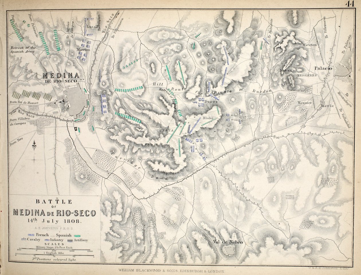 Mapa de la Batalla de Medina de Rio-Seco, publicado por William Blackwood and Sons, Edimburgo y Londres, 1848 de Alexander Keith Johnston