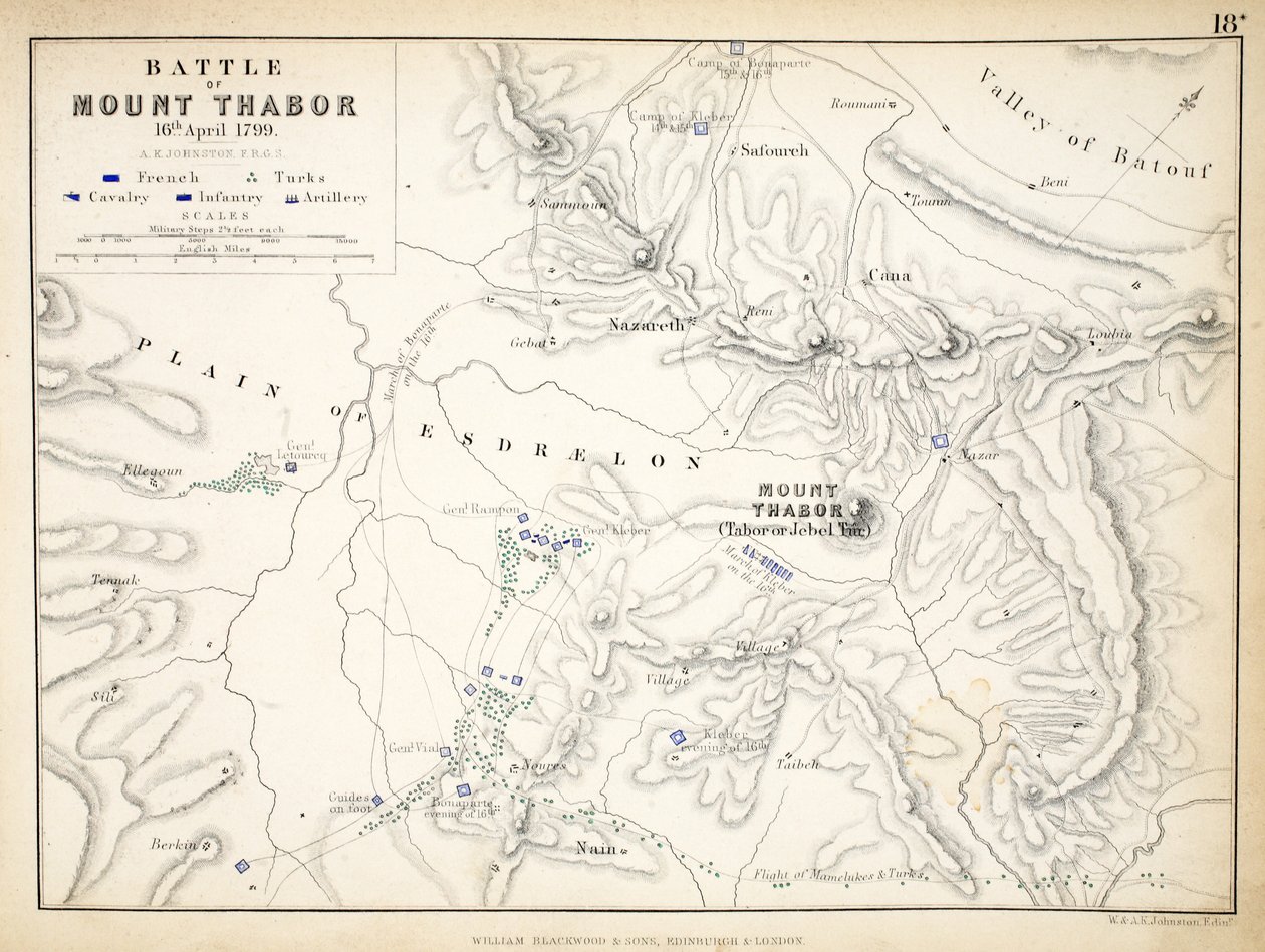 Mapa de la Batalla del Monte Tabor, publicado por William Blackwood and Sons, Edimburgo y Londres, 1848 de Alexander Keith Johnston