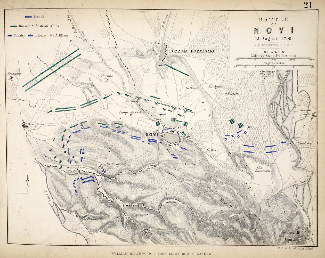 Mapa de la Batalla de Novi, publicado por William Blackwood and Sons, Edimburgo y Londres, 1848 de Alexander Keith Johnston
