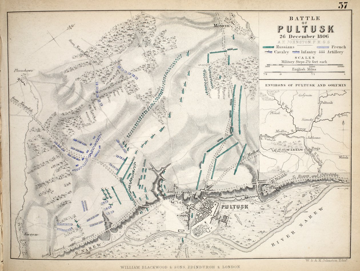 Mapa de la Batalla de Pultusk, publicado por William Blackwood and Sons, Edimburgo y Londres, 1848 de Alexander Keith Johnston