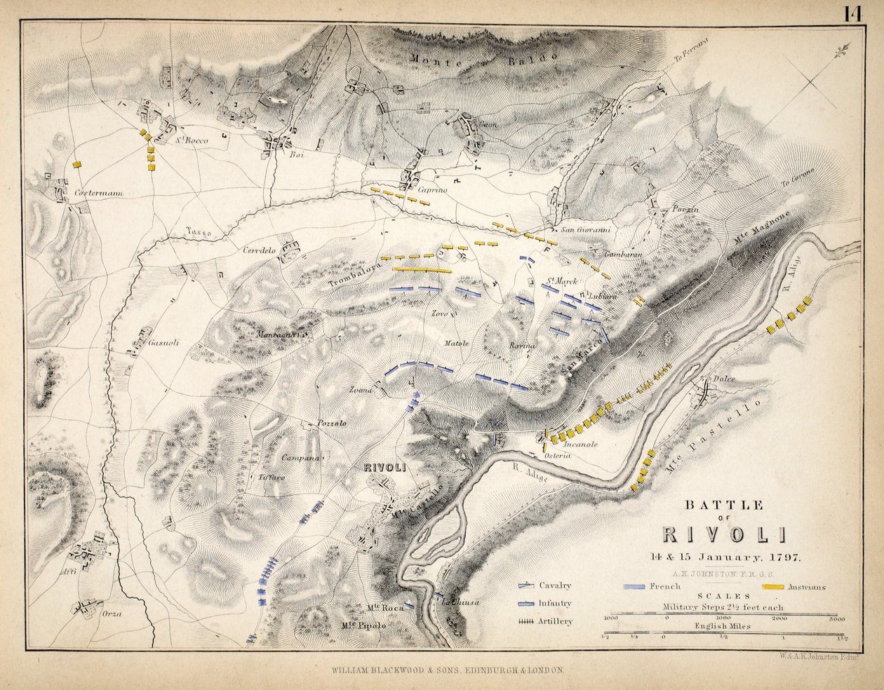 Mapa de la Batalla de Rivoli, publicado por William Blackwood and Sons, Edimburgo y Londres, 1848 de Alexander Keith Johnston